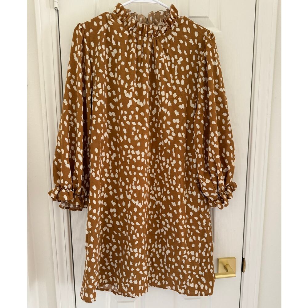 Entro Brown white High Neck Balloon Long Sleeve Mini Shift Dress Women’s Large